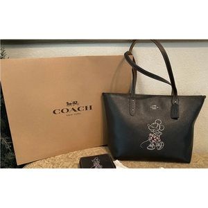 DISNEY X COACH Minnie Mouse Black Leather Tote Purse, Wallet NWT.